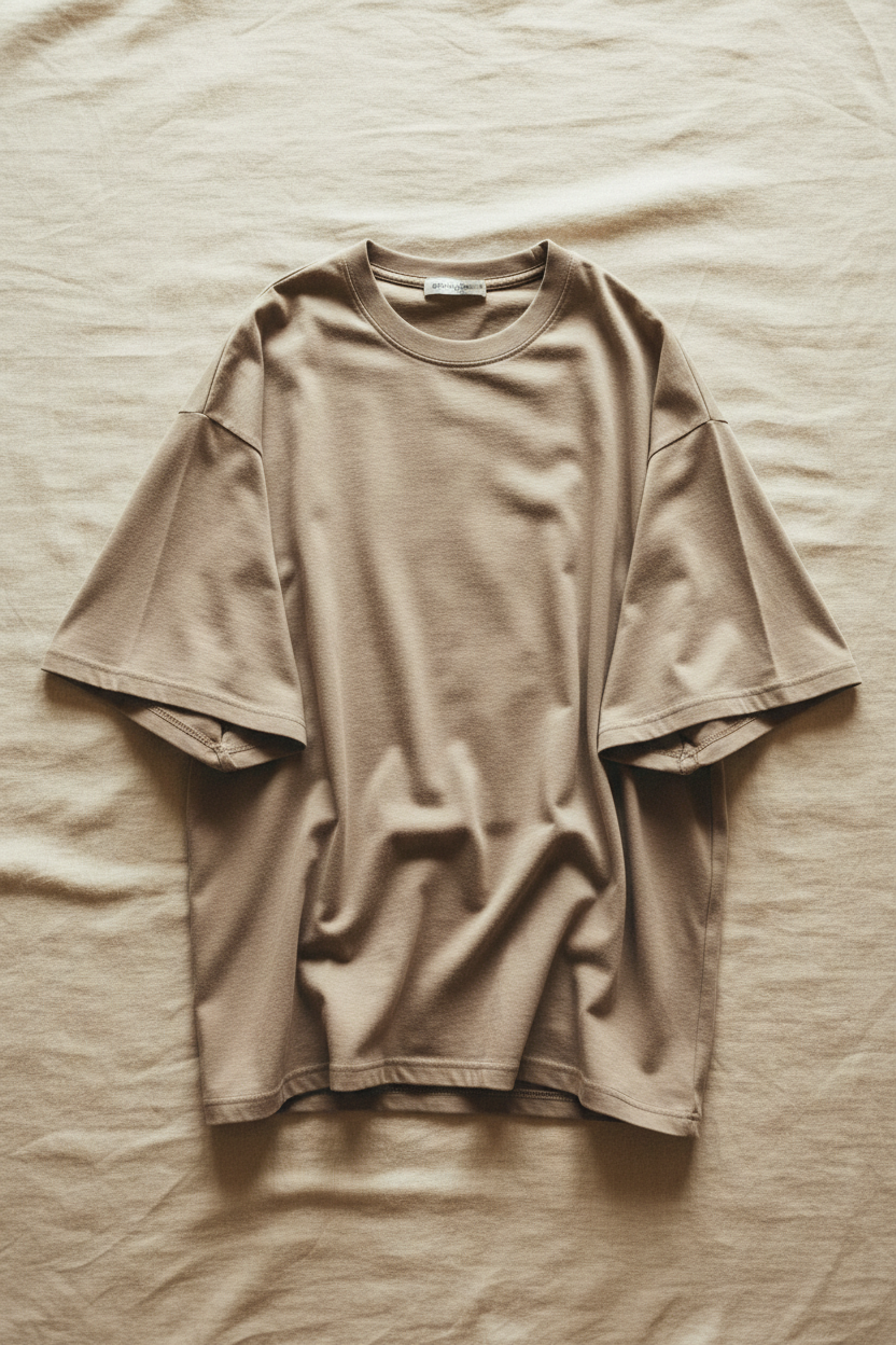 peplos. stone colourway oversized heavyweight tee flat lay on warm linen surface, dropped shoulder and wide body visible, fabric drape showing weight, tonal seam detail at shoulder