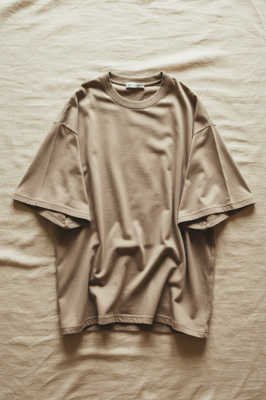 peplos. stone colourway oversized heavyweight tee flat lay on warm linen surface, dropped shoulder and wide body visible, fabric drape showing weight, tonal seam detail at shoulder