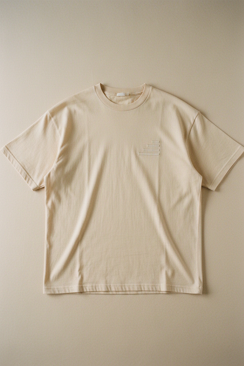 echelonn. peplos. oversized heavyweight t-shirt flat lay — stone colourway, tonal four-bar mark on left chest, dense ring-spun cotton