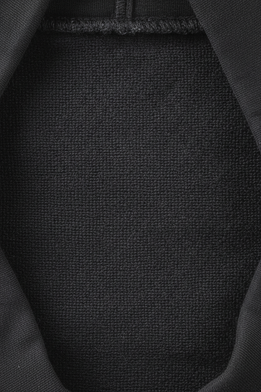 Heavyweight washed black hoodie draped over brutalist concrete bench — echelonn. aegis. 400gsm loop-back fleece interior visible