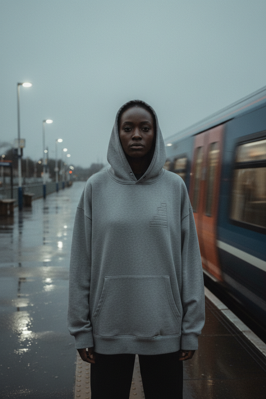 dark-skinned female figure wearing grey aegis. heavyweight hoodie on Peckham Rye Overground platform, grey London sky, wet platform, motion blur of passing train, cinematic editorial