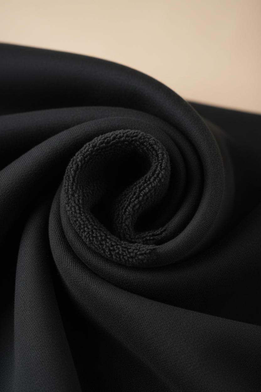 close-up of washed black 400gsm heavyweight cotton fabric rolled into spiral, smooth exterior face and looped interior pile both visible, warm off-white background, studio light