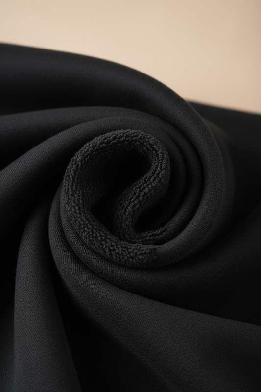 close-up of washed black 400gsm heavyweight cotton fabric rolled into spiral, smooth exterior face and looped interior pile both visible, warm off-white background, studio light