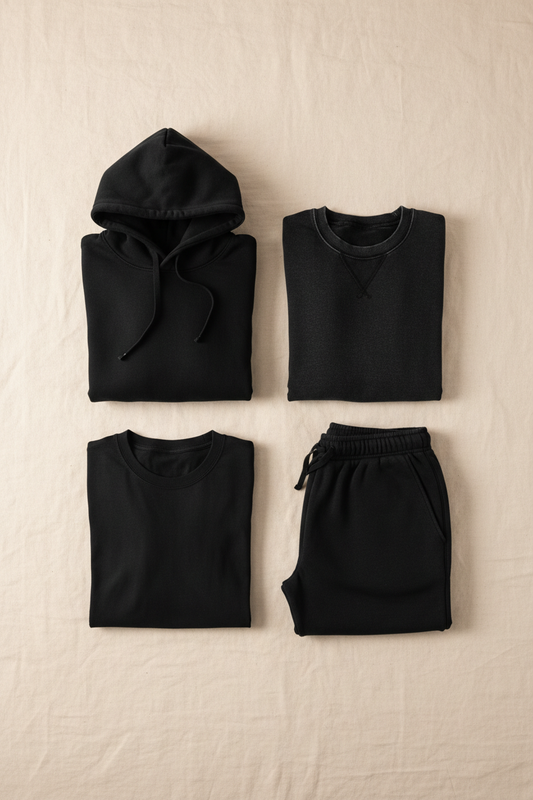 flat lay of all four HQ 001 pieces in washed black on warm off-white surface — aegis. hoodie, thorax. sweatshirt, peplos. tee, podea. joggers arranged in 2x2 grid, soft studio light